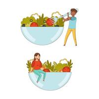 Man and woman cooking vegetable salad. Healthy lifestyle, vegetarian diet cartoon illustration vector