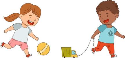 Kids playing with toys set. Happy boy and girl playing with car and ball cartoon illustration vector