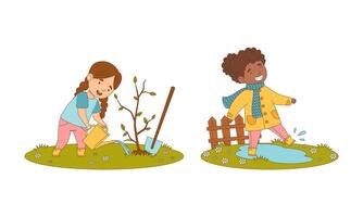 Kids spring activities set. Cute children working in garden. Girls planting tree and jumping in puddles cartoon illustration vector