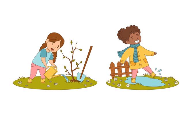 Kids spring activities set. Cute children working in garden. Girls planting tree and jumping in puddles cartoon illustration