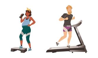 People doing different sport exercises set. Pregnant woman doing aerobics exercise on stepper platform. Man jogging on treadmill cartoon illustration vector