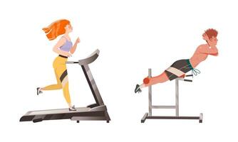 People doing different sport exercises set. Girl jogging on treadmill, man pumping abs on the simulator cartoon illustration vector