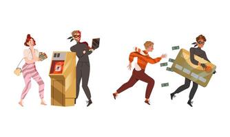 Masked thief stealing personal data and money. Cybercrime and cybersecurity concept cartoon illustration vector