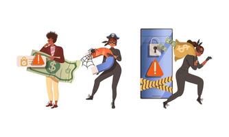 Female hacker criminals in black masks stealing personal data and money. Cybercrime and cybersecurity concept cartoon illustration vector