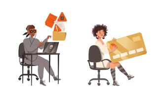 Fraudster stealing money online. Cybercrime, fraud, data hacking cartoon illustration vector