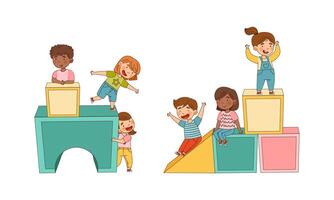 Happy kids playing colorful big toy blocks cartoon illustration vector