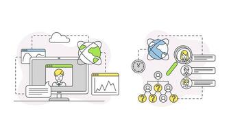 Human resource management, online communication and finance lined symbols illustration vector