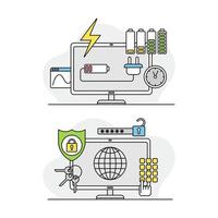 Computer diagnostics and repair, maintenance and technical support related symbols lined illustration vector