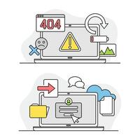 Computer repair service. error 404, disconnection from the Internet, hardware and computing cloud lined illustration vector