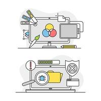 Computer screen with application tools and installing options set. Diagnostics and repair, maintenance and technical support related symbols lined illustration vector