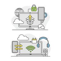 Computer screen with application tools and installing options set. Maintenance and technical support related symbols lined illustration vector
