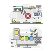 Computer screen with application tools and installing options set. Diagnostics and repair related symbols lined illustration vector