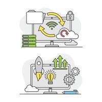 Computer screen with application tools and installing options set lined illustration vector