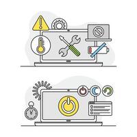 Computer screen with application tools and installing options set. Computer diagnostics and repair symbols lined illustration vector
