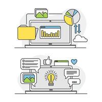 Computer screen with working tools and installing options set. Diagnostics and repair related symbols lined illustration vector