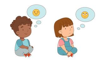 Cute little girl and boy sitting on floor expressing different emotions with speech bubbles set cartoon illustration vector