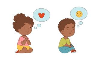 Adorable kids sitting on floor expressing different emotions with speech bubbles set cartoon illustration vector