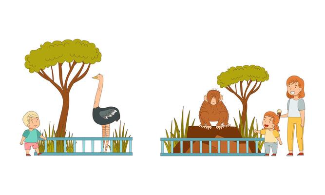 Kids at the zoo. Mom and children watching at ostrich and monkey cartoon illustration