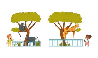 Kids at the zoo. hildren watching at cheetah and monkey cartoon illustration vector