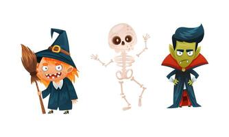 Cute funny Halloween characters set. Witch, dracula and skeleton cartoon illustration vector