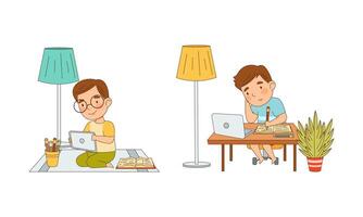 Children online education and e-learning concept. Boys using tablet and laptop computer for learning cartoon illustration vector