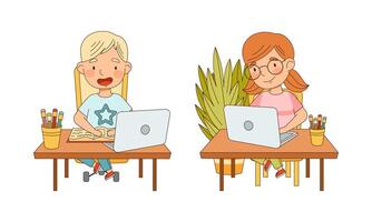 Children online education and e-learning concept. Cute little boy and girl using laptop computer for learning cartoon illustration vector