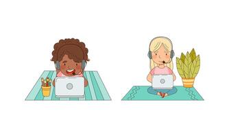 Cute kids studying at home using laptop computers set. Online education and e-learning cartoon illustration vector