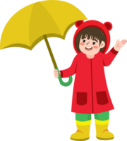 Happy Child Walking in Rain with Umbrella and Raincoat png