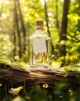 A glass bottle on a log in a lush green forest, Bottle mockup. Glass Bottle mockup photo