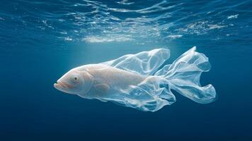 A fish stuck in a plastic bag. Plastic waste pollution. Concept of environmental pollution, ocean pollution photo