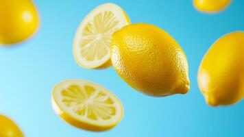 Sliced and whole lemons suspended in midair photo
