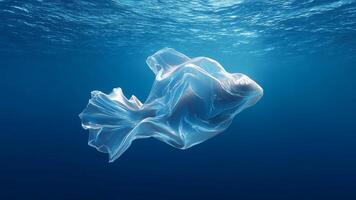 A plastic bag in the ocean that resembles a fish. Plastic waste pollution. Concept of environmental pollution photo