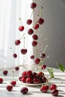 Fresh Cherries Falling onto a Plate with Water Droplets in Bright Studio Setting photo