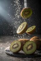 Fresh Kiwi Slices with Water Splash on Dark Background photo
