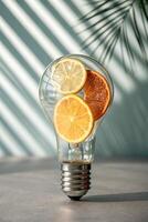 Bright Citrus Idea, Lemon, Orange, and Lime Slices Inside a Light Bulb photo