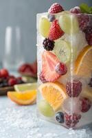 Frozen Fruit Cube with Strawberries, Raspberries, and Grapes photo