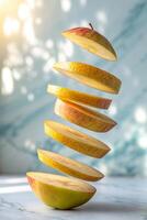 Levitating Apple and Pear Slices, A vibrant, healthy food image showcasing thinly sliced fruit in mid-air against a blurred background. photo