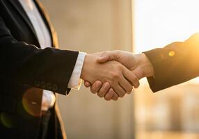 business people shaking hands in front of a building photo