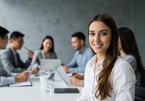 a woman is smiling while sitting at a table with other people photo