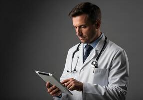 a male doctor in a white coat is using a tablet photo