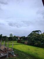 Outdoor scene under cloudy sky. Partially built concrete structure left. Vibrant green marshy field dominates center or right. Lush trees and faint distant buildings in background. photo