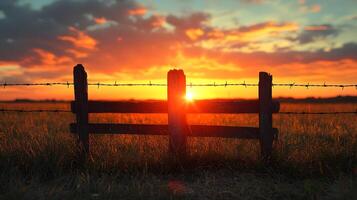 A fence in a field with a sunset behind it photo