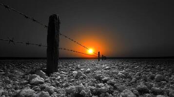 A fence and barbed wire in the desert at sunset photo