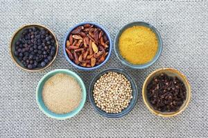 Assortment of Aromatic Spices and Herbs in Rustic Bowls on a Woven Textile Background photo