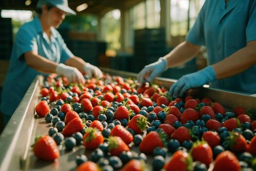 Workers sorting fresh strawberries and blueberries on a conveyor belt in a fruit processing facility photo