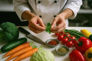 Professional chef hands preparing fresh herbs and vibrant vegetables for healthy cooking photo