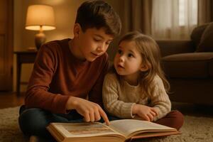 Older brother and younger sister reading a storybook together on a cozy rug at home photo