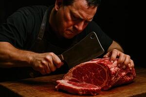 Skilled butcher expertly cutting a large prime beef roast with a sharp cleaver photo