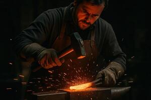 Skilled blacksmith hammering glowing hot metal on anvil, sparks flying photo