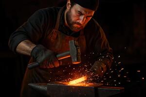 Skilled blacksmith hammering glowing hot metal on an anvil in a dark workshop photo
